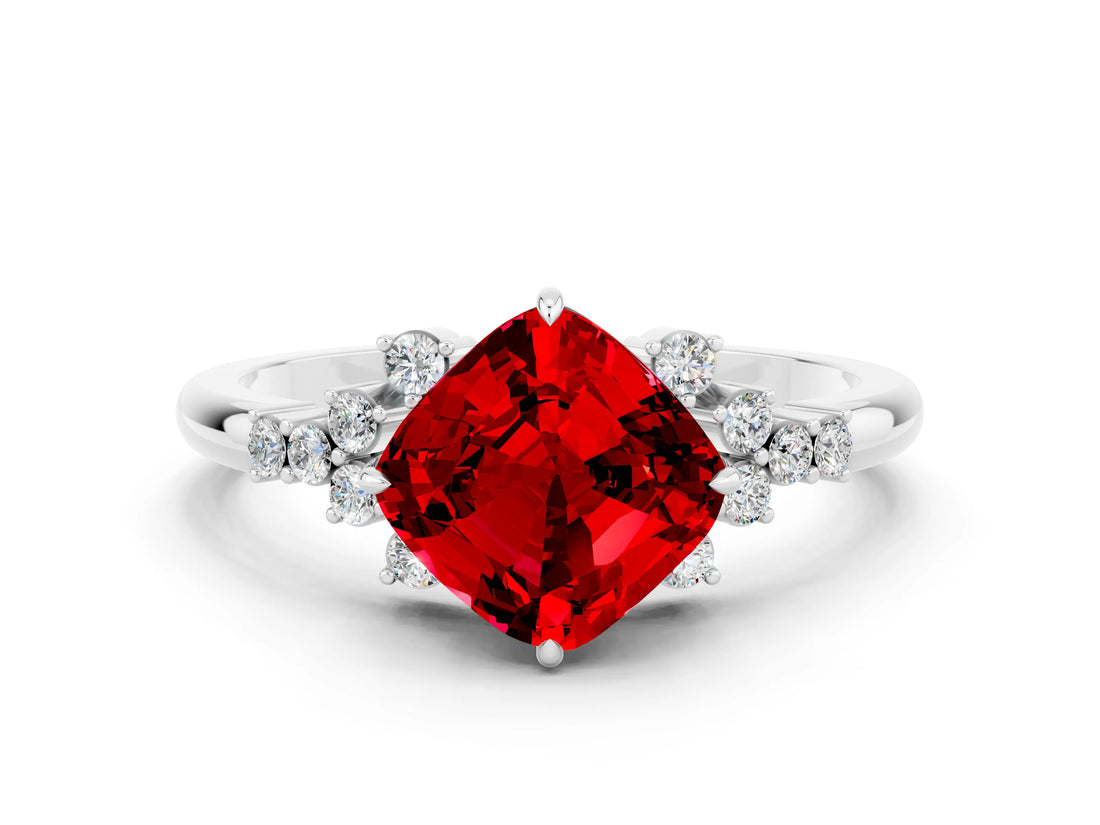 White gold Cushion Cut Ruby Ring with Side Stones and Four-Prong Setting_36
