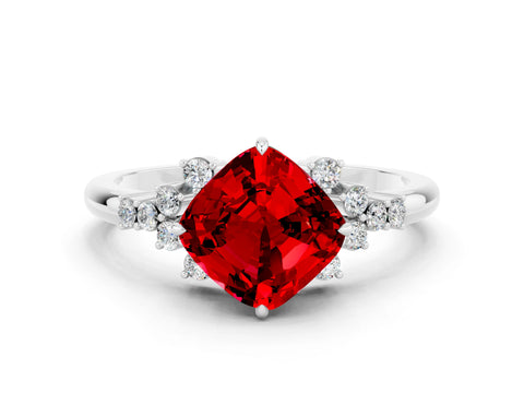 White gold Cushion Cut Ruby Ring with Side Stones and Four-Prong Setting_36