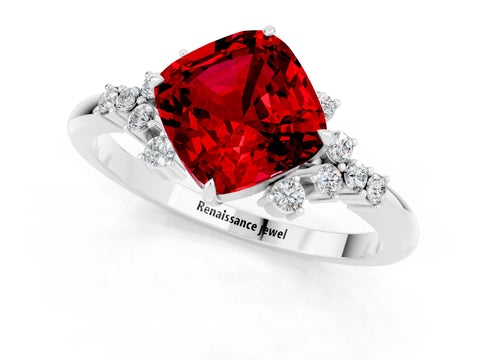 White gold Cushion Cut Ruby Ring with Side Stones and Four-Prong Setting_37