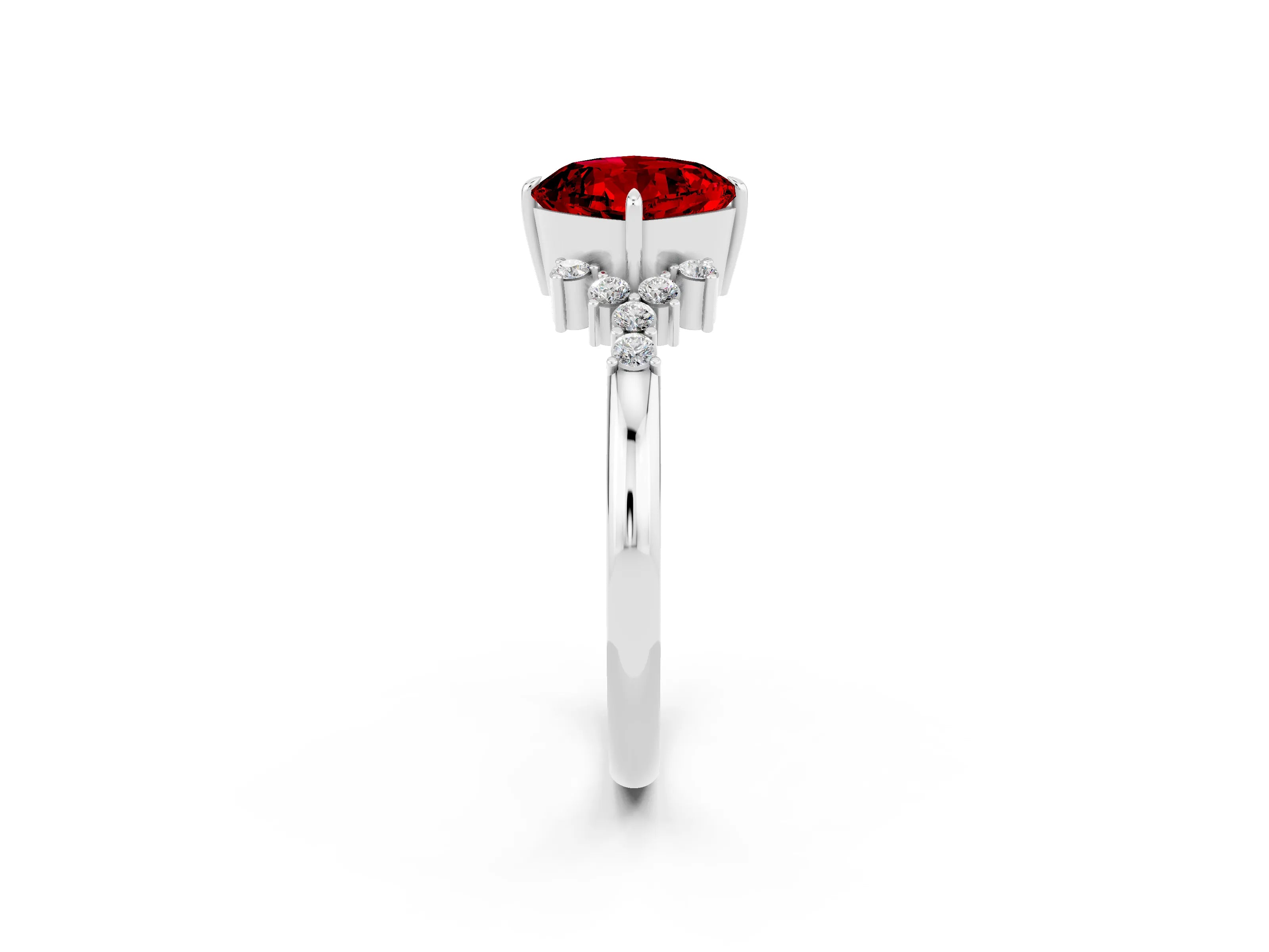 White gold Cushion Cut Ruby Ring with Side Stones and Four-Prong Setting_38
