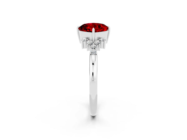 Silver Cushion Cut Ruby Ring with Side Stones and Four-Prong Setting