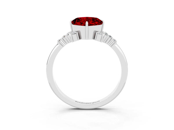 White gold Cushion Cut Ruby Ring with Side Stones and Four-Prong Setting