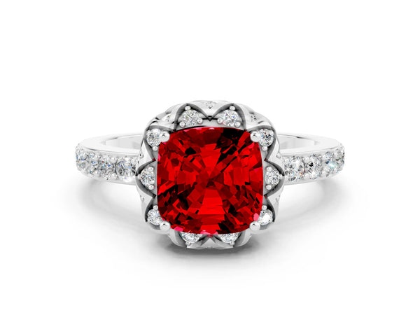 Silver Cushion Cut Ruby Scalloped Halo Engagement Ring with Round Shared Prong Band