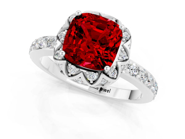 Platinum Cushion Cut Ruby Scalloped Halo Engagement Ring with Round Shared Prong Band