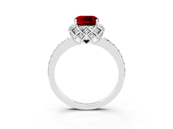 Platinum Cushion Cut Ruby Scalloped Halo Engagement Ring with Round Shared Prong Band