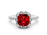 White gold Cushion Cut Ruby Scalloped Halo Engagement Ring with Round Shared Prong Band_24
