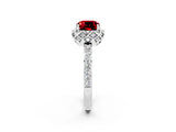 White gold Cushion Cut Ruby Scalloped Halo Engagement Ring with Round Shared Prong Band_26