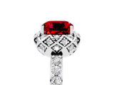 White gold Cushion Cut Ruby Scalloped Halo Engagement Ring with Round Shared Prong Band_29