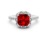 White gold Cushion Cut Ruby Scalloped Halo Engagement Ring with Round Shared Prong Band_36