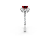 White gold Cushion Cut Ruby Scalloped Halo Engagement Ring with Round Shared Prong Band_38