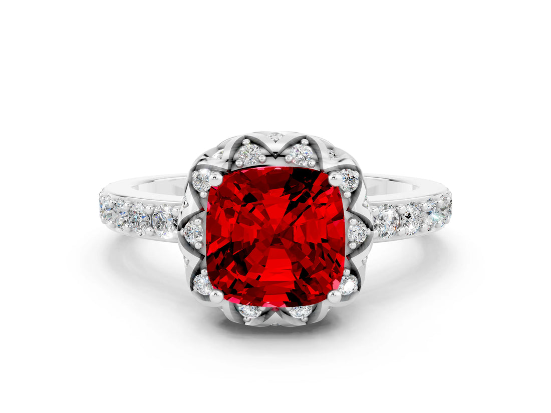White gold Cushion Cut Ruby Scalloped Halo Engagement Ring with Round Shared Prong Band_72