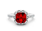 White gold Cushion Cut Ruby Scalloped Halo Engagement Ring with Round Shared Prong Band_72