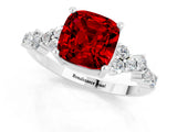White gold Cushion Cut Ruby Scattered Round Accent Ring with Prong Setting_37