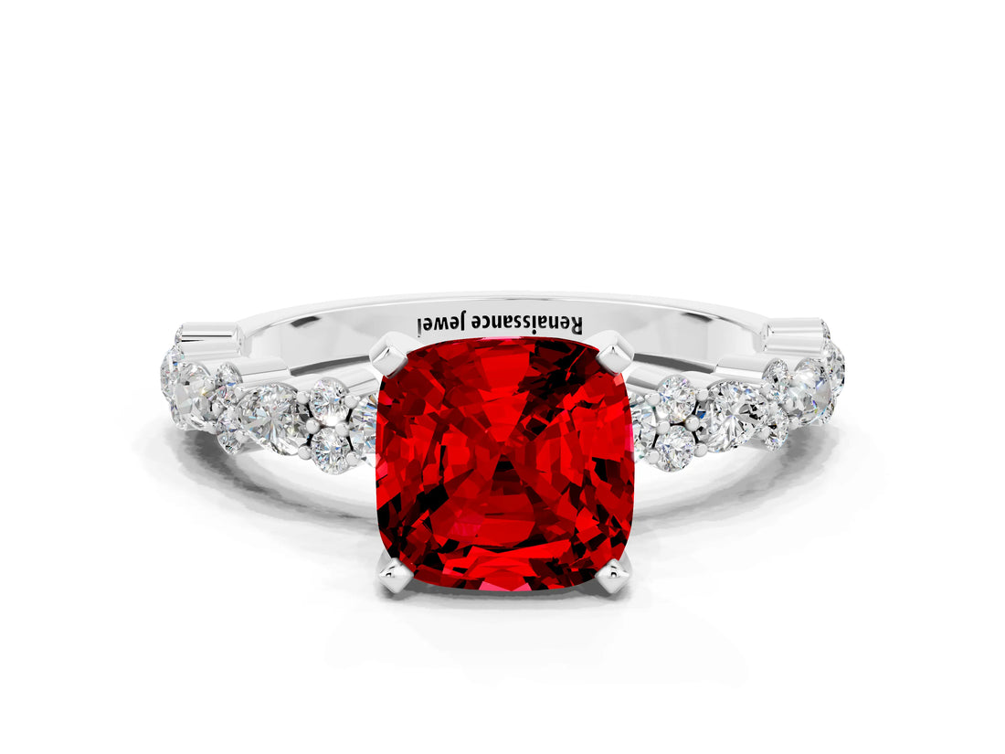 White gold Cushion Cut Ruby Side Stone Solitaire Ring with Round  and Four-Prong Setting_48