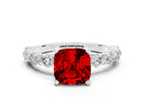 White gold Cushion Cut Ruby Side Stone Solitaire Ring with Round  and Four-Prong Setting_48