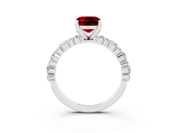 White gold Cushion Cut Ruby Side Stone Solitaire Ring with Round  and Four-Prong Setting