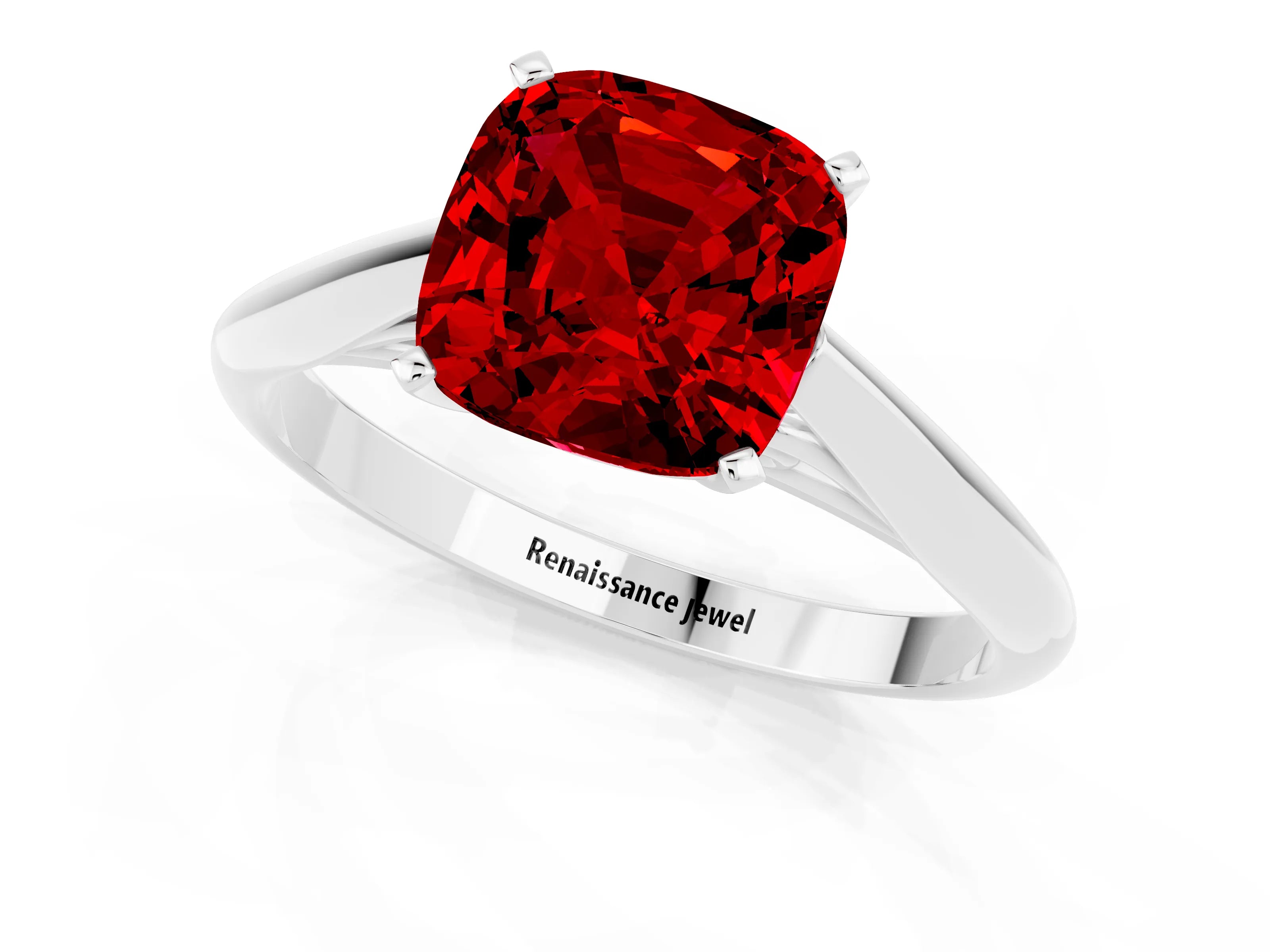 White gold Cushion Cut Ruby Solitaire Engagement Ring with Cathedral Setting and Four-Prong Mount_13