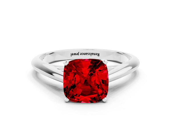 White gold Cushion Cut Ruby Solitaire Engagement Ring with Cathedral Setting and Four-Prong Mount