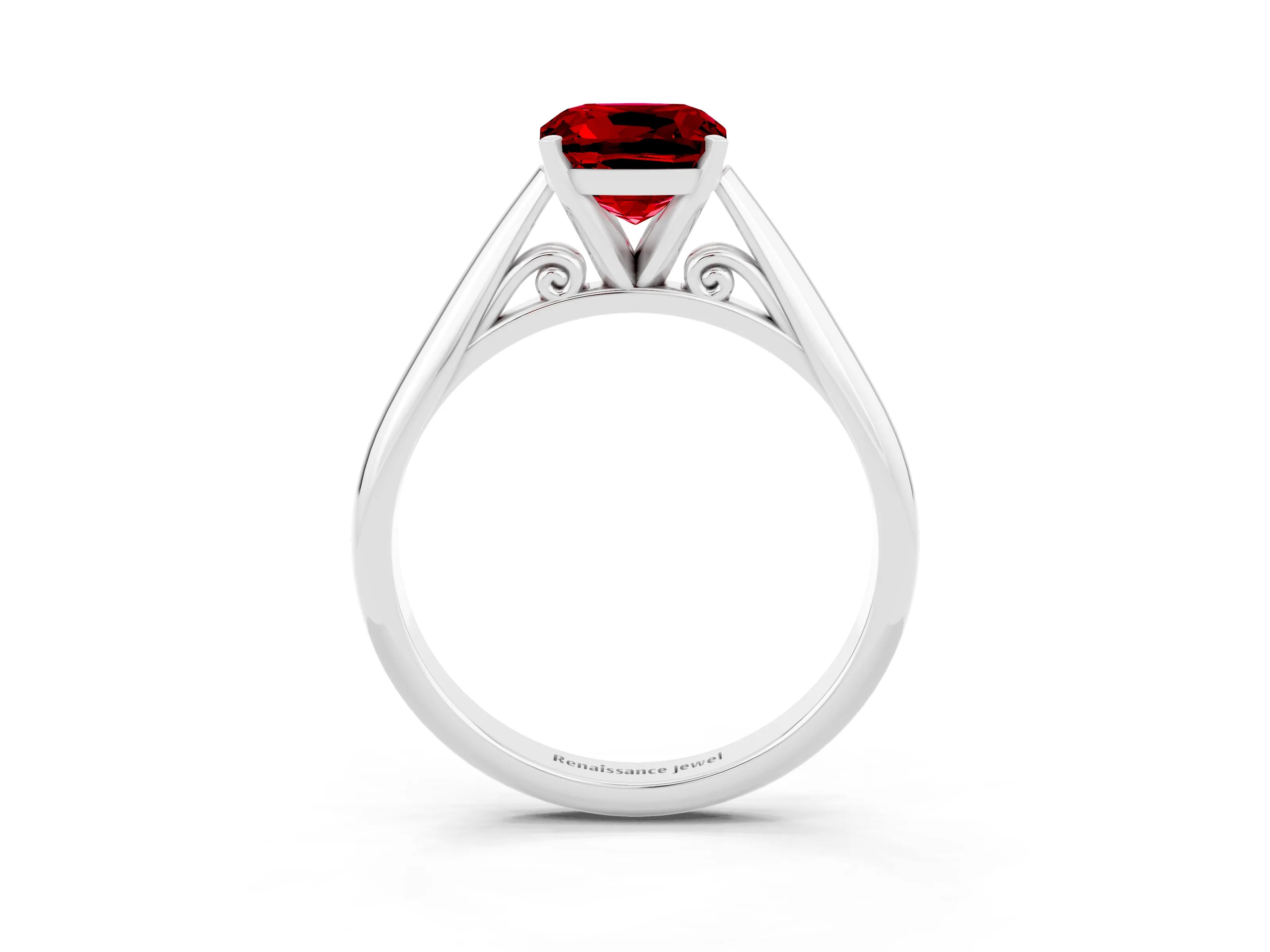 White gold Cushion Cut Ruby Solitaire Engagement Ring with Cathedral Setting and Four-Prong Mount_27