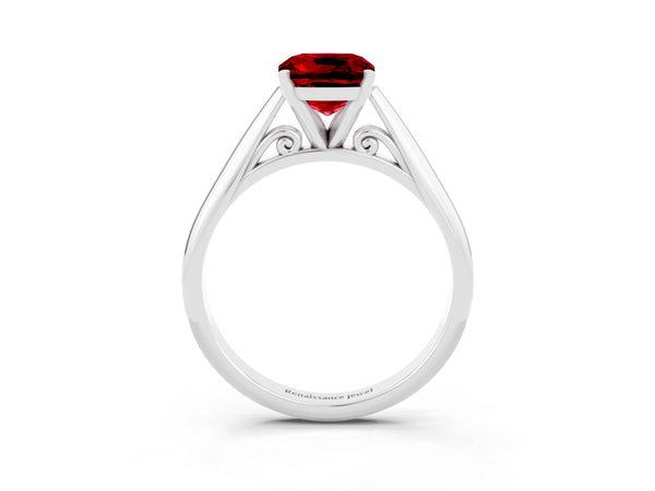 White gold Cushion Cut Ruby Solitaire Engagement Ring with Cathedral Setting and Four-Prong Mount