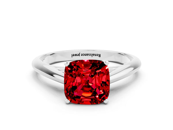 White gold Cushion Cut Ruby Solitaire Engagement Ring with Cathedral Setting and Four-Prong Mount
