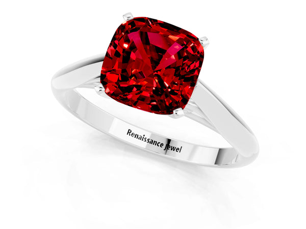White gold Cushion Cut Ruby Solitaire Engagement Ring with Cathedral Setting and Four-Prong Mount