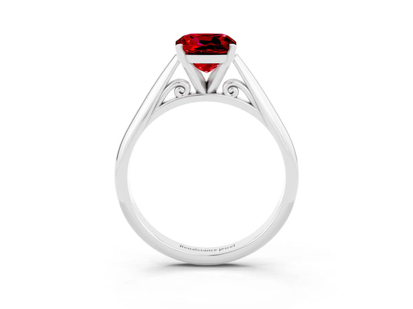 White gold Cushion Cut Ruby Solitaire Engagement Ring with Cathedral Setting and Four-Prong Mount