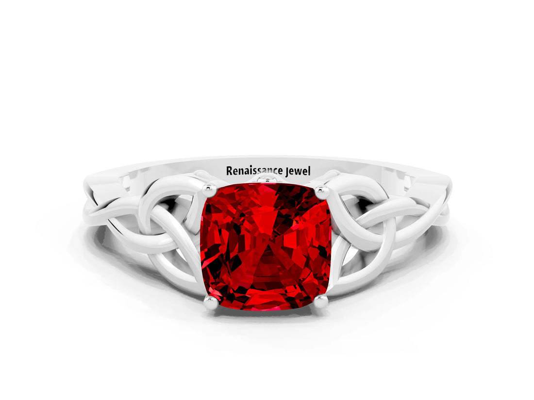 White gold Cushion Cut Ruby Solitaire Engagement Ring with Celtic Knot Band and Four-Prong Setting