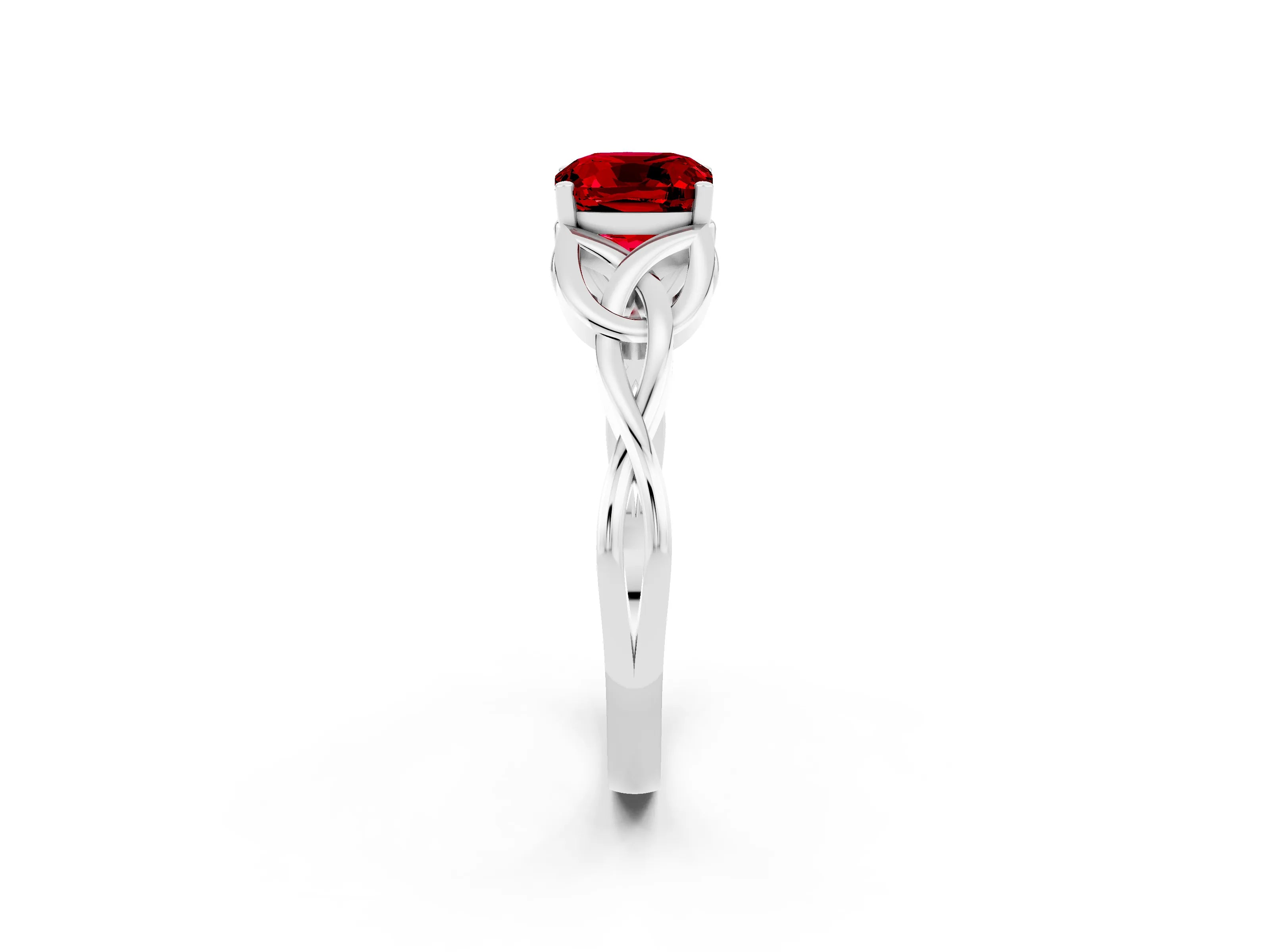 White gold Cushion Cut Ruby Solitaire Engagement Ring with Celtic Knot Band and Four-Prong Setting_2