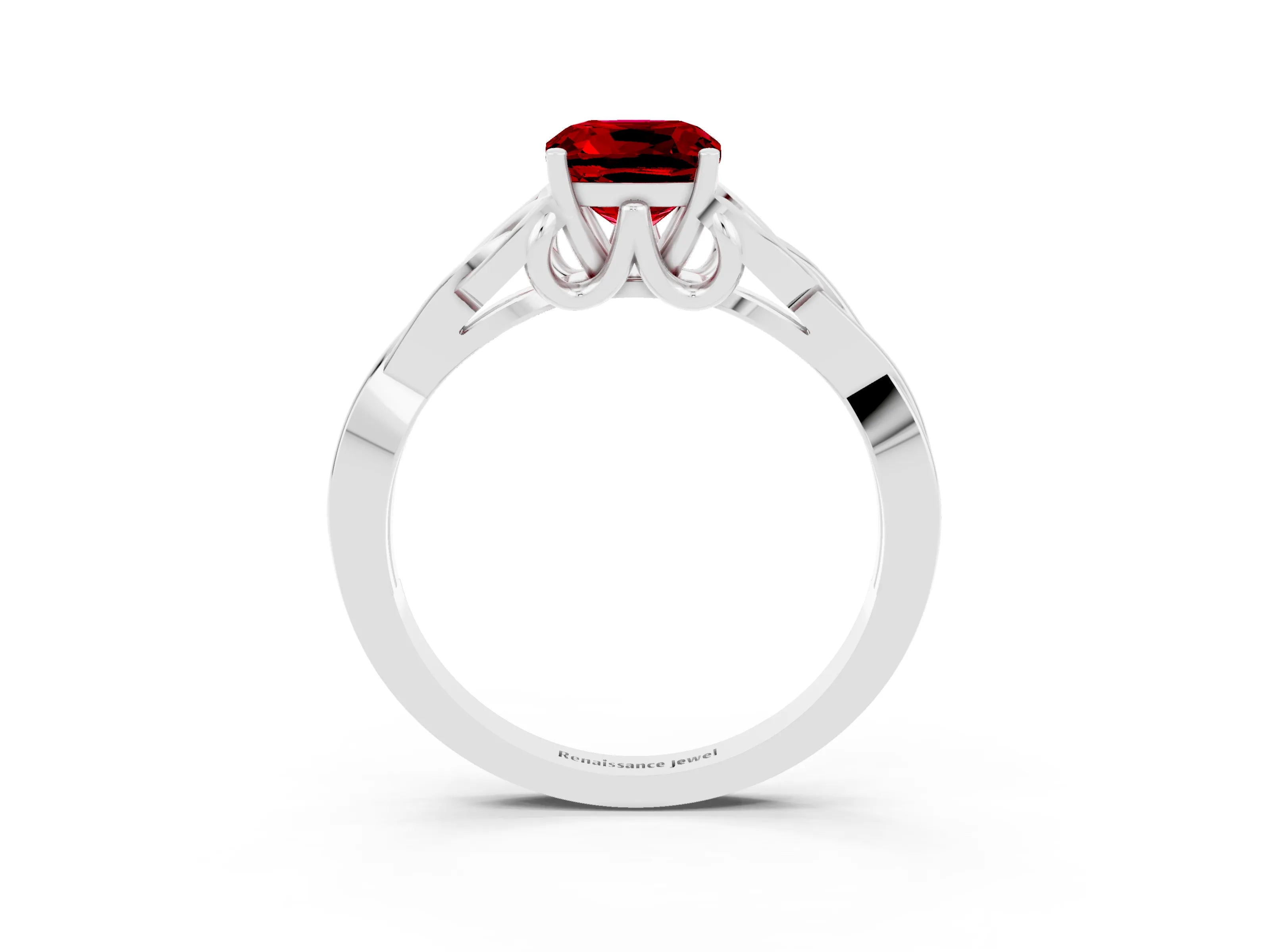 White gold Cushion Cut Ruby Solitaire Engagement Ring with Celtic Knot Band and Four-Prong Setting_3