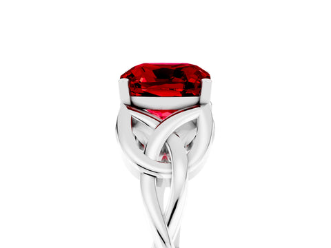 White gold Cushion Cut Ruby Solitaire Engagement Ring with Celtic Knot Band and Four-Prong Setting_5