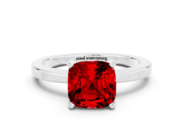 Silver Cushion Cut Ruby Solitaire Engagement Ring with Classic Band and Four-Prong Setting