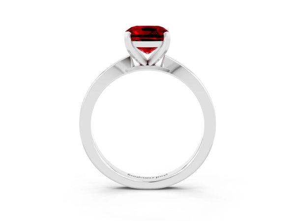 Silver Cushion Cut Ruby Solitaire Engagement Ring with Classic Band and Four-Prong Setting