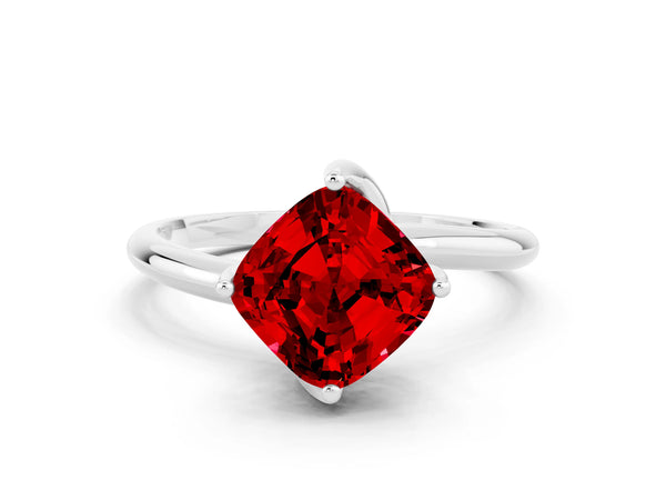 Silver Cushion Cut Ruby Solitaire Engagement Ring with Four-Prong Setting and Classic Band