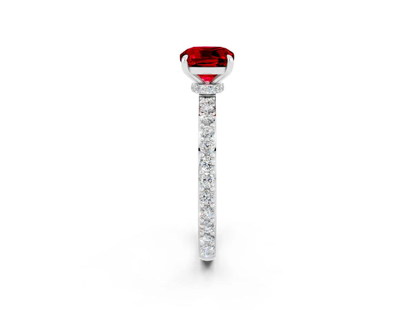 Platinum Cushion Cut Ruby Solitaire Engagement Ring with Pavé Band and Four-Prong Setting