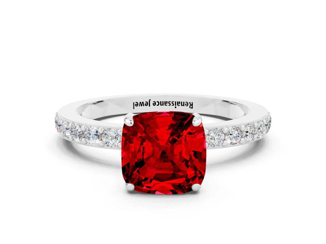 White gold Cushion Cut Ruby Solitaire Engagement Ring with Pavé Band and Four-Prong Setting