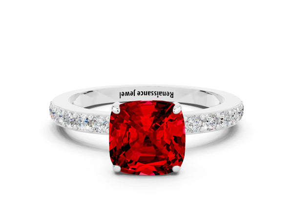 Silver Cushion Cut Ruby Solitaire Engagement Ring with Pavé Band and Four-Prong Setting