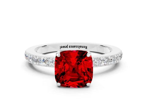 White gold Cushion Cut Ruby Solitaire Engagement Ring with Pavé Band and Four-Prong Setting