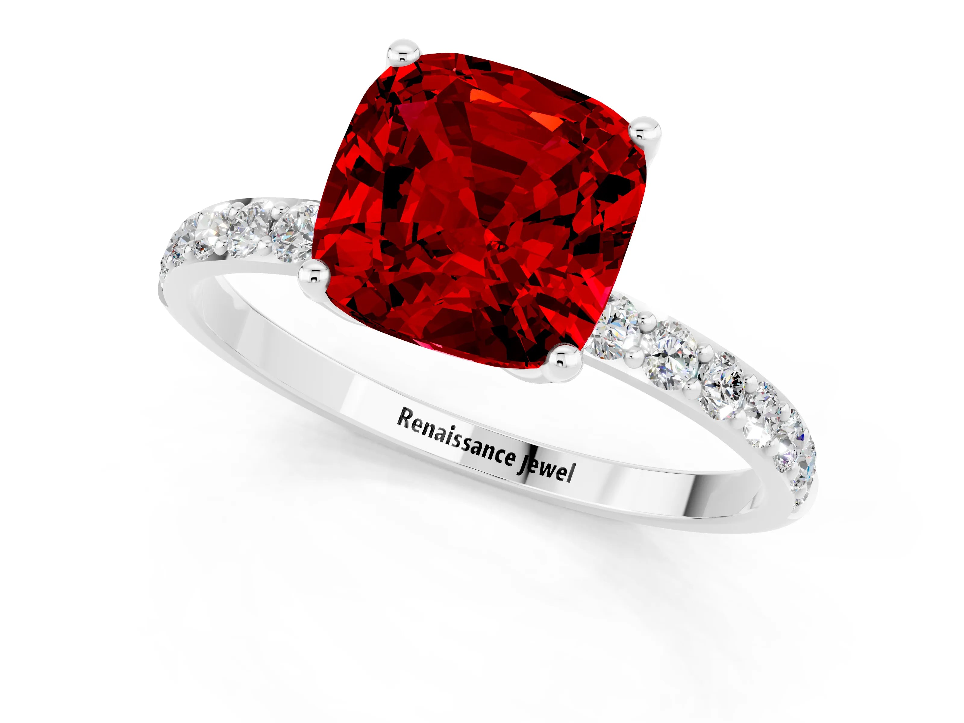 White gold Cushion Cut Ruby Solitaire Engagement Ring with Pavé Band and Prong Setting_1