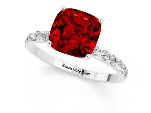 White gold Cushion Cut Ruby Solitaire Engagement Ring with Pavé Band and Prong Setting_1