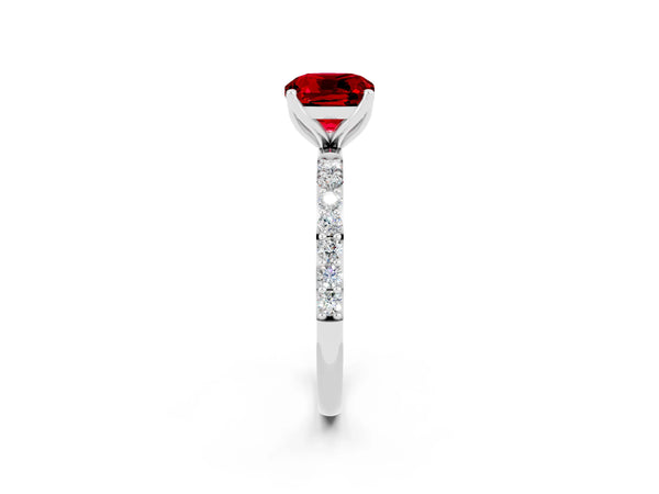 Platinum Cushion Cut Ruby Solitaire Engagement Ring with Round  Pavé Band and Prong Setting