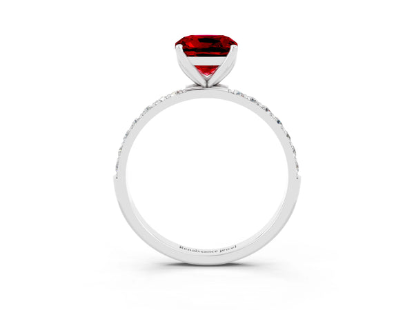 Platinum Cushion Cut Ruby Solitaire Engagement Ring with Round  Pavé Band and Prong Setting