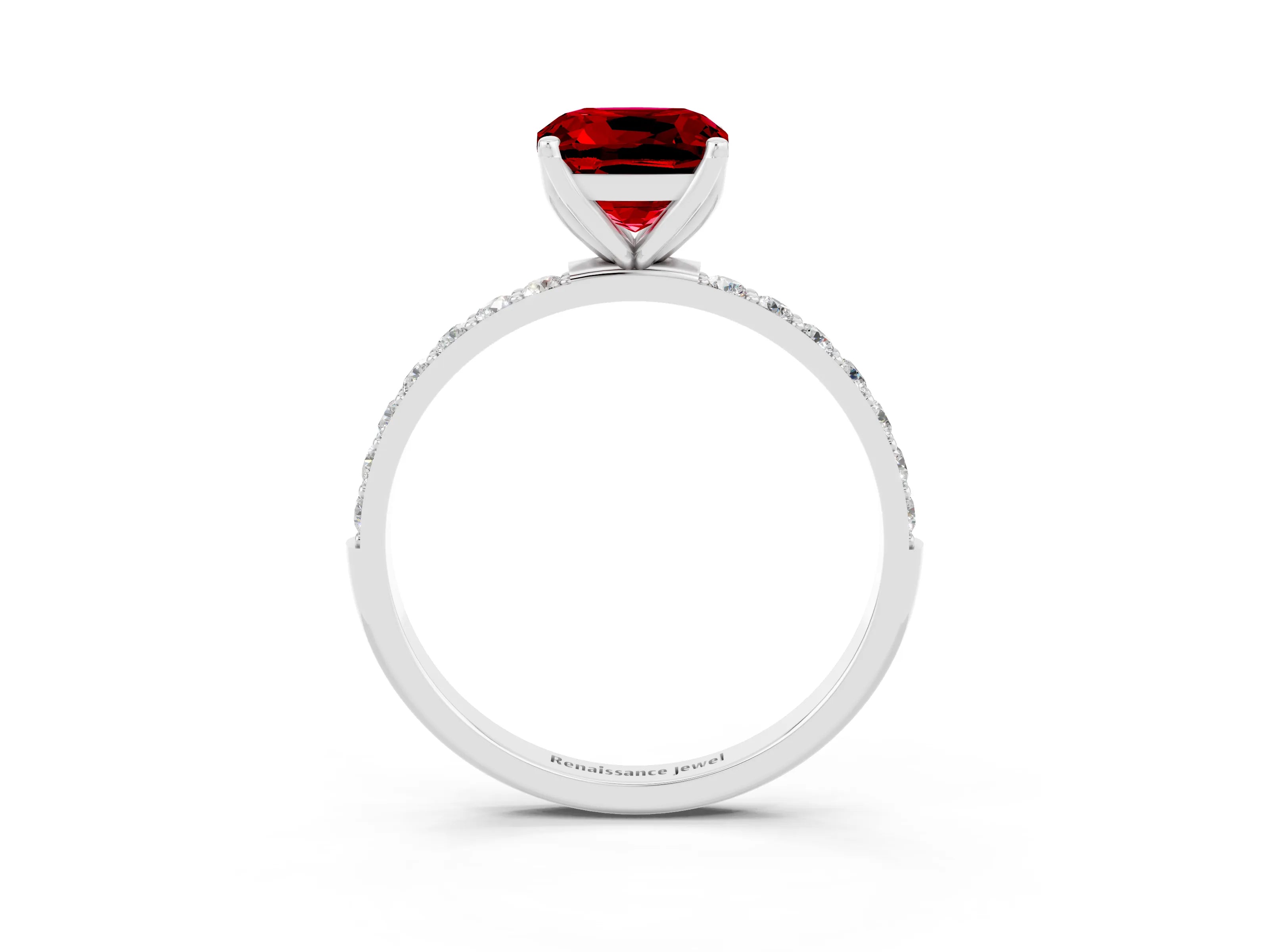 White gold Cushion Cut Ruby Solitaire Engagement Ring with Pavé Band and Prong Setting_3