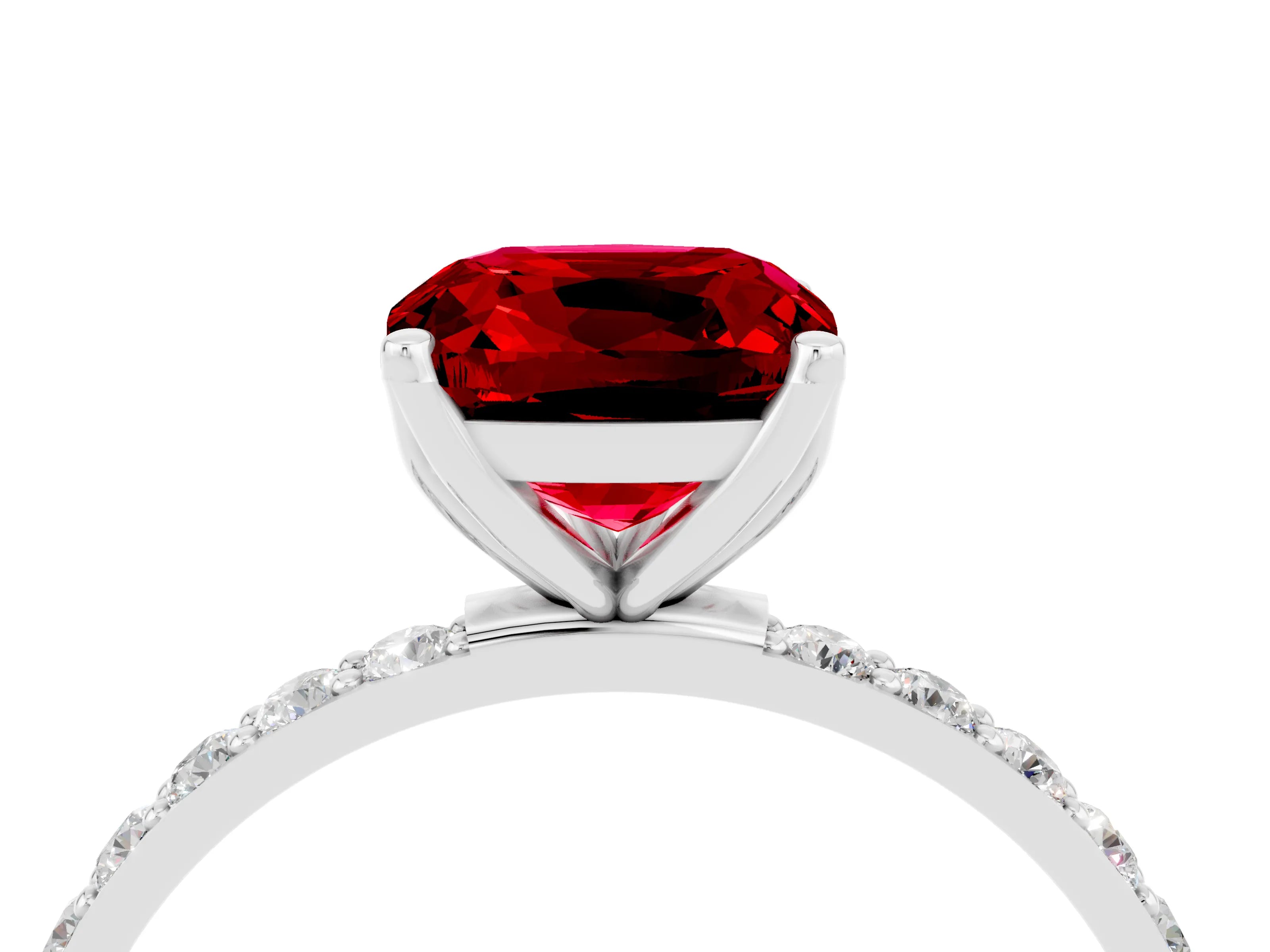 White gold Cushion Cut Ruby Solitaire Engagement Ring with Pavé Band and Prong Setting_4