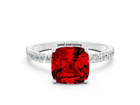 White gold Cushion Cut Ruby Solitaire Engagement Ring with Pavé Band and Prong Setting