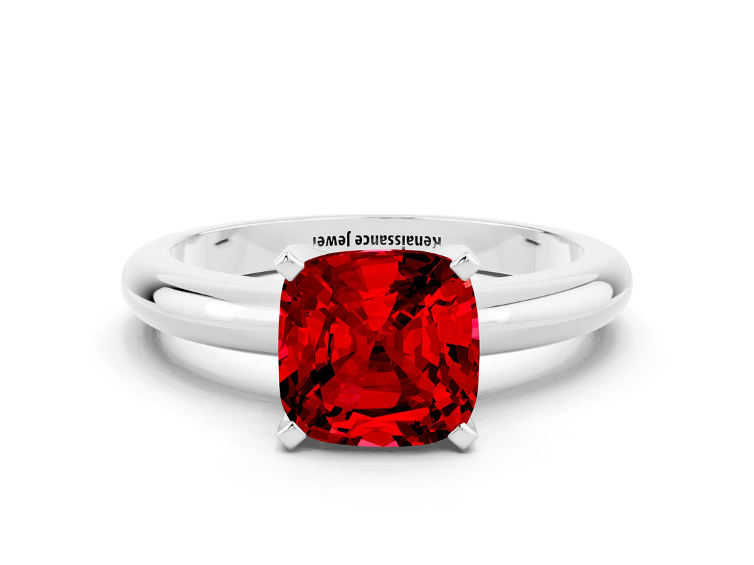 White gold Cushion Cut Ruby Solitaire Engagement Ring with Round Band and Four-Prong Setting