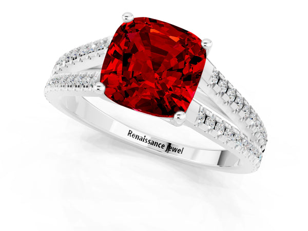 Platinum Cushion Cut Ruby Solitaire Engagement Ring with Split Shank Pavé Band