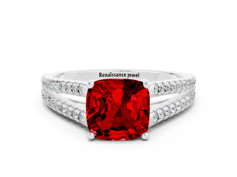 White gold Cushion Cut Ruby Solitaire Engagement Ring with Split Shank Pavé Band