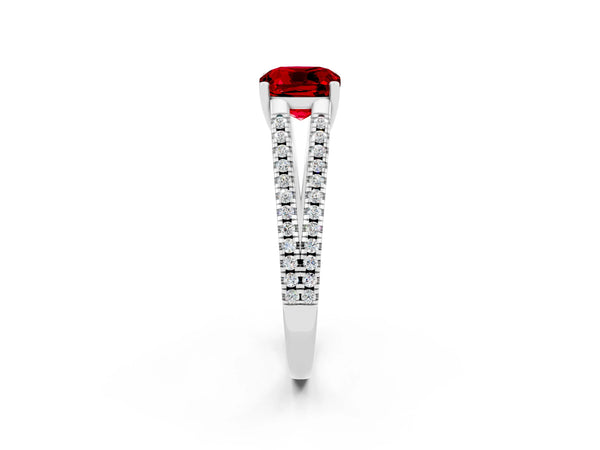 Silver Cushion Cut Ruby Solitaire Engagement Ring with Split Shank Pavé Band