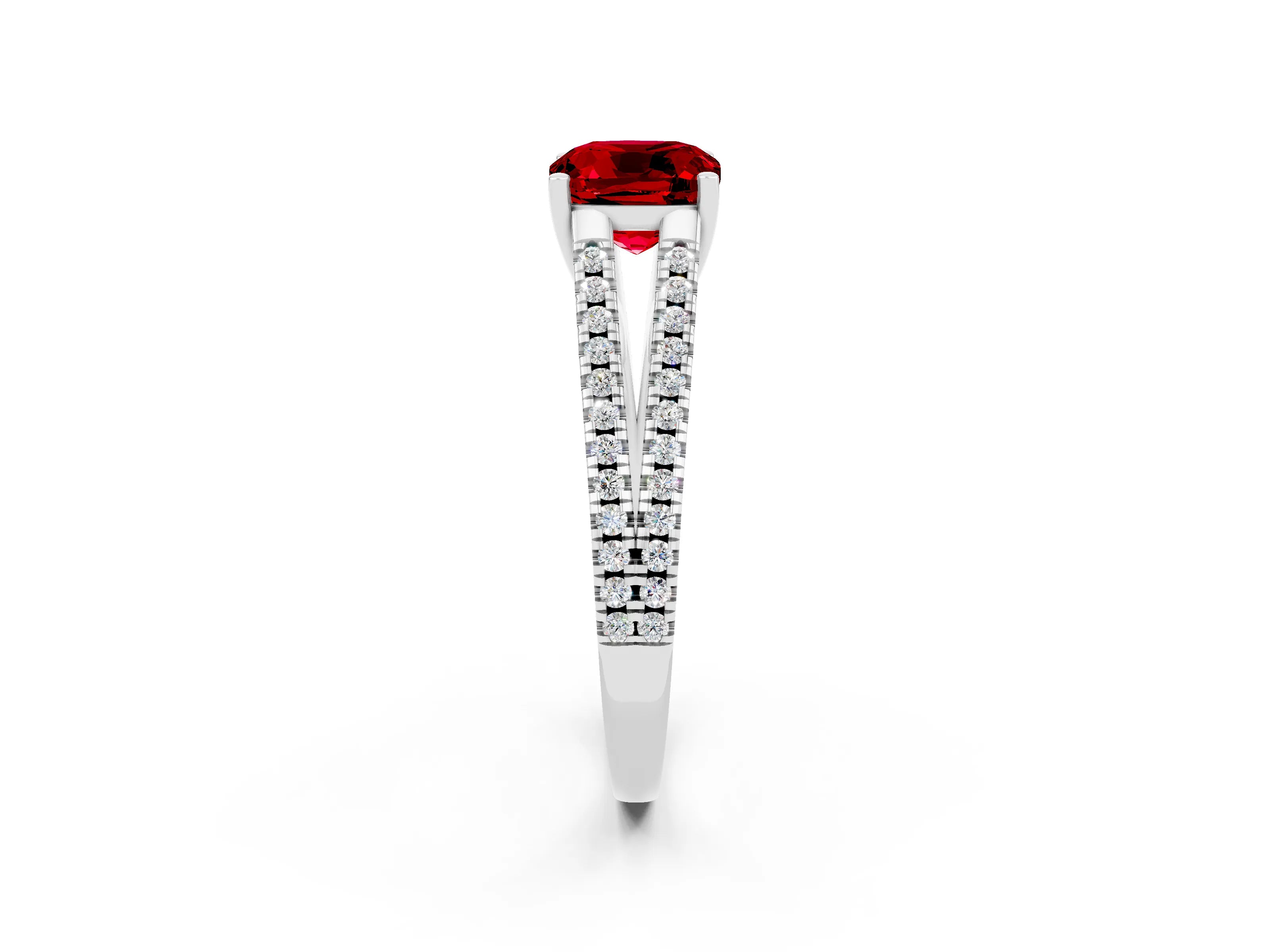 White gold Cushion Cut Ruby Solitaire Engagement Ring with Split Shank Pavé Band_2